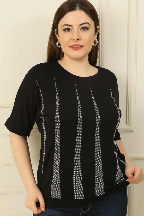 Kadın Piramit Taşlı Kısa Kollu Büyük Beden Bluz