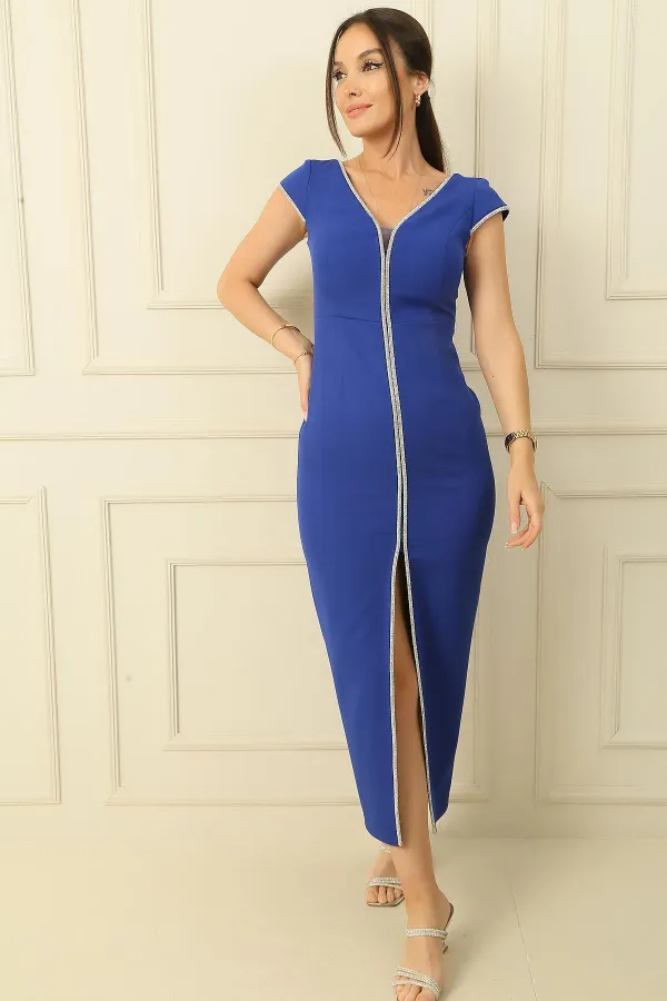 V-Neck Double Sleeve Dress with Rhinestone Embellishment and Slit