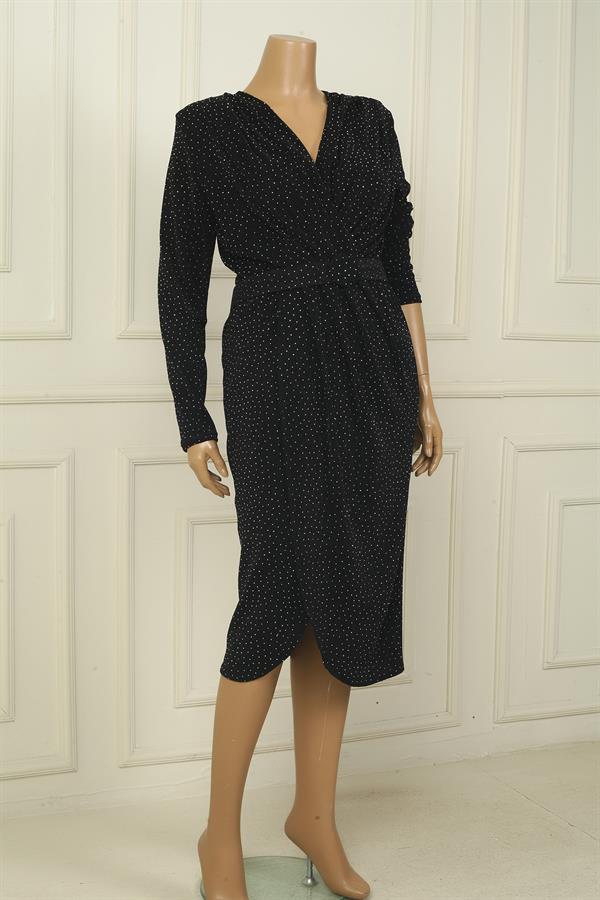 Women's Wrap Collar Belted Lined Embellished Plus Size Midi Dress