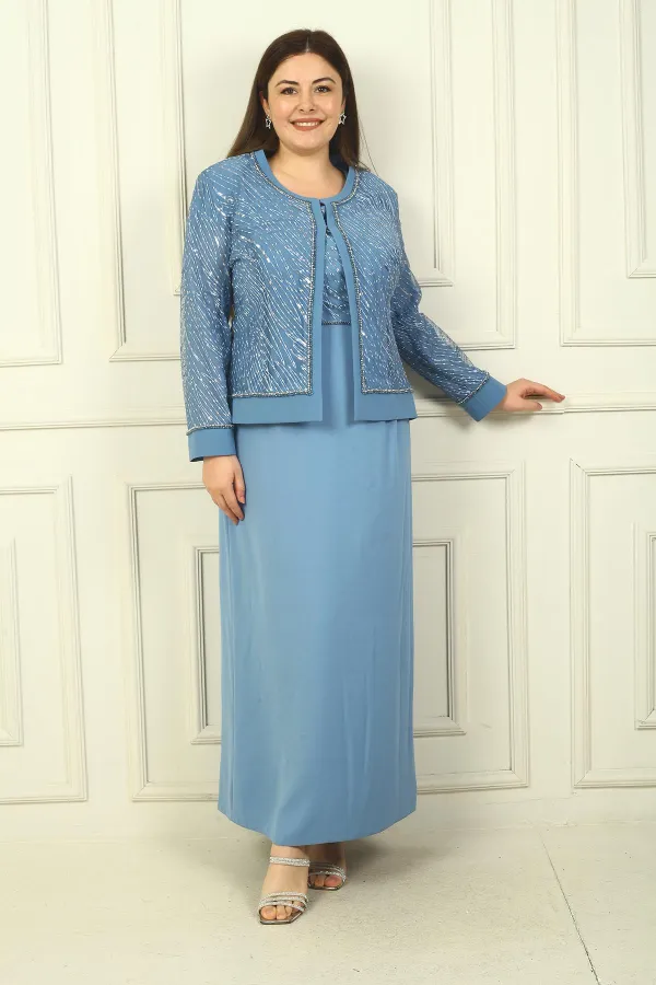 Women's Beaded and Sequin Embellished Tulle Jacket, Half-Moon Sleeve Long Dress, Lined, Plus Size Two-Piece Set