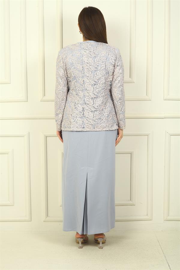 Robe longue à col perlé, ensemble deux pièces grande taille avec veste brodée de perles et de sequins, doublée.