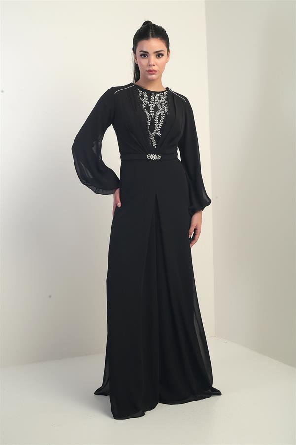 Women's Front and Back Stone Detailed Lined Wide-Leg Chiffon Jumpsuit