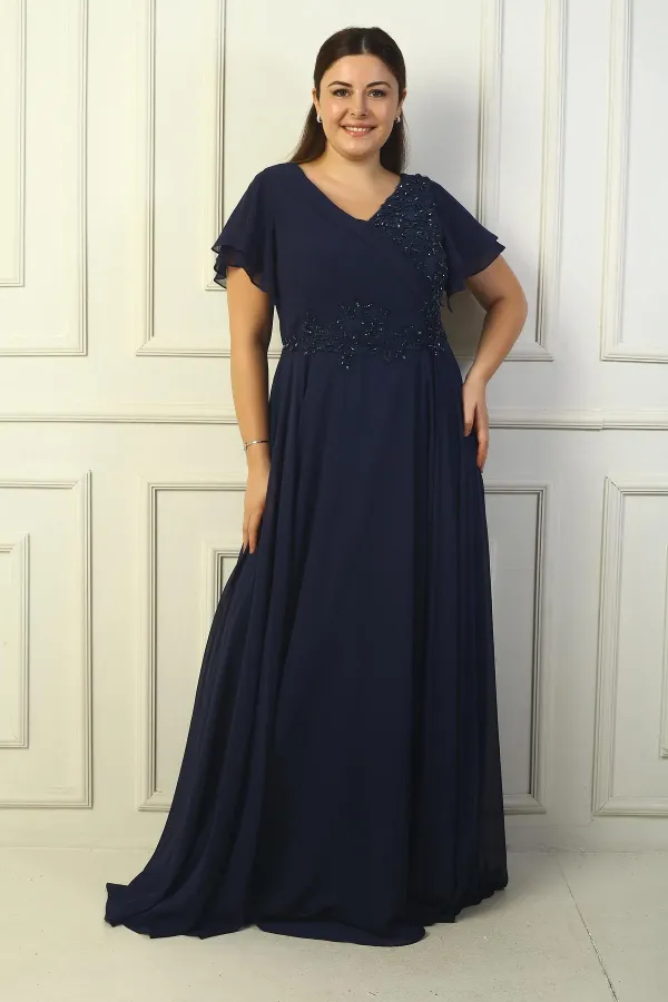 Robe longue en mousseline de soie grande taille pour femme, col en V, drapée, brodée de perles, doublée