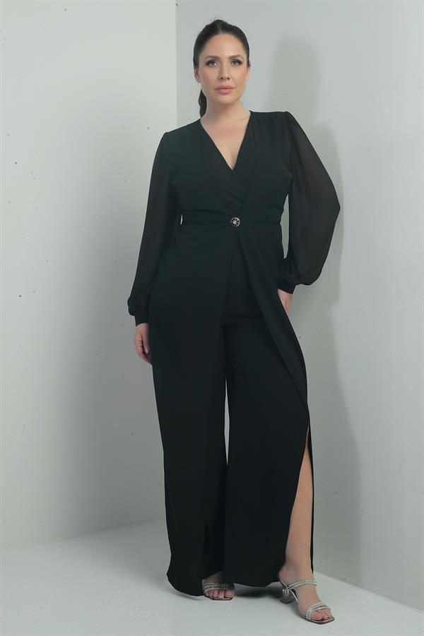 Combinaison en crêpe grande taille pour femme, col en V, fermeture à un bouton, manches en mousseline, semi-doublée