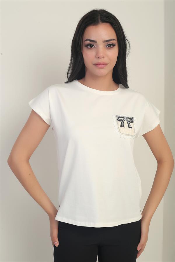 Women's Round Neck Short Sleeve Blouse with Pocket Detail and Lycra Fabric