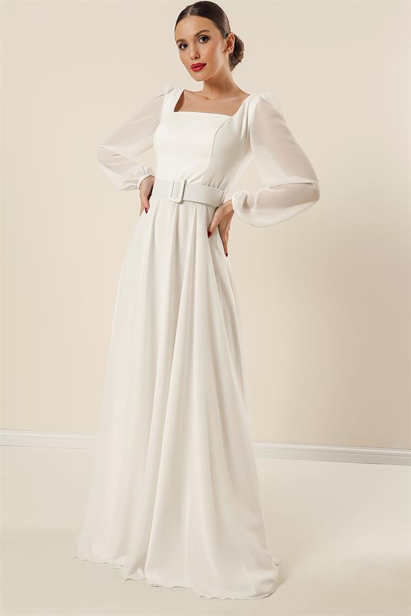 Robe de soirée longue en mousseline doublée, col carré et ceinture à la taille