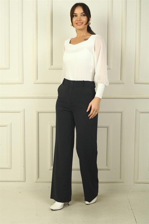 Kadın Yandan Cepli Boyuna Çizgili Palazzo Pantolon