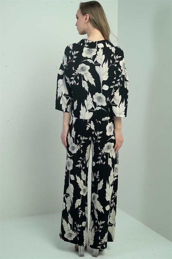 Women's Floral Print Long-Sleeve Shirt Two-Piece Set with Elastic Waist and Drawstring