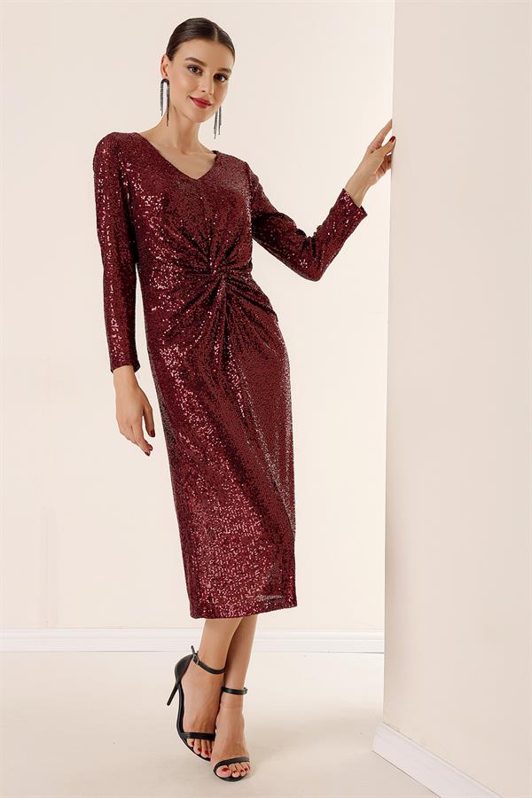 V Yaka Önü Büzgülü Astarlı Pulpayet Elbise