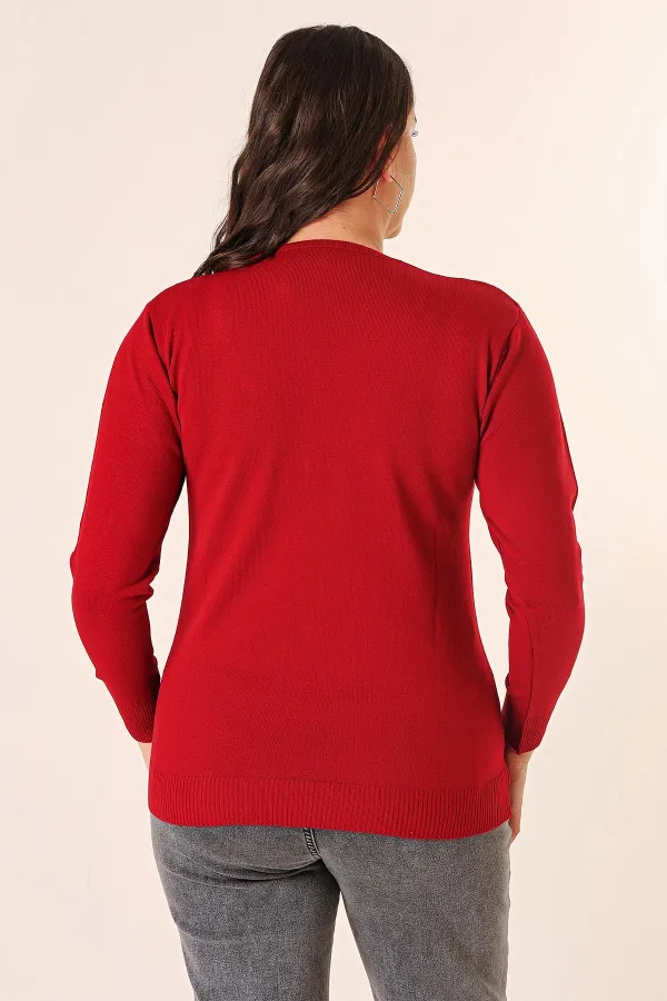 Şeritli V Yaka Büyük Beden Triko Kazak