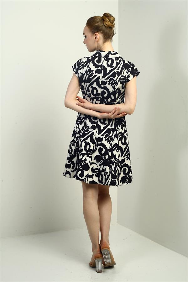 Kadın Önü Yarım Fermuar Ve Dantel Detaylı Kendinden Telalı Etnik Desen Kısa Kloş Elbise