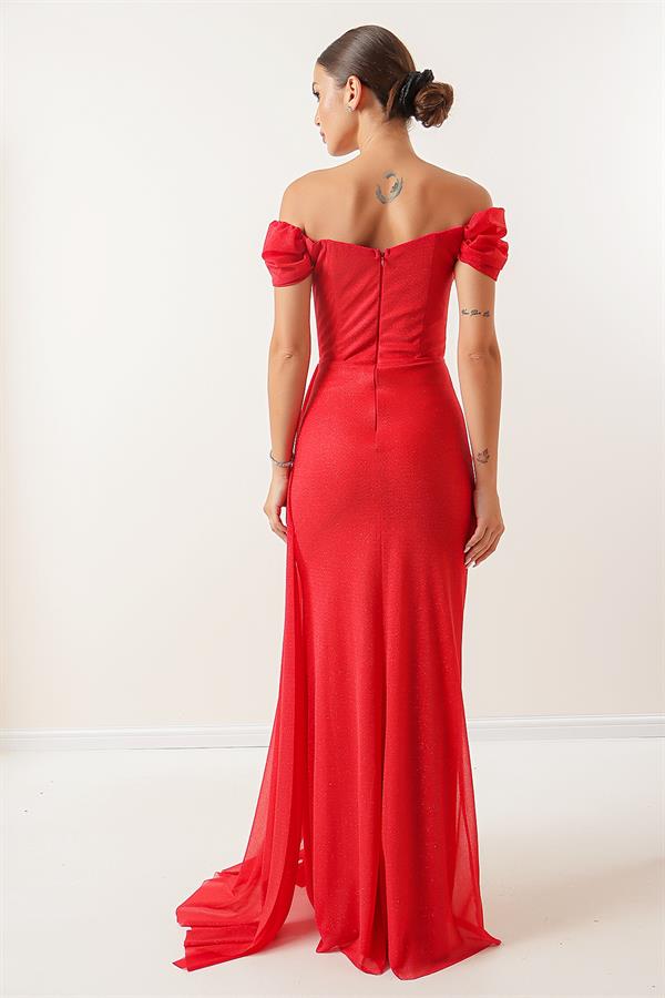 Önü Büzgülü Düşük Kol Astarlı Simli Uzun Elbise