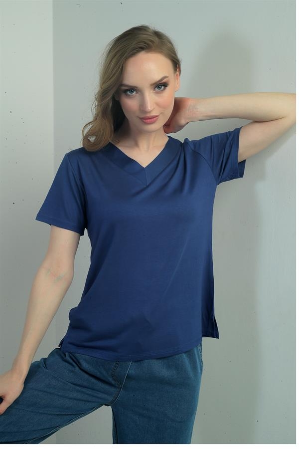 Women's V-Neck Slit Short Sleeve Blouse