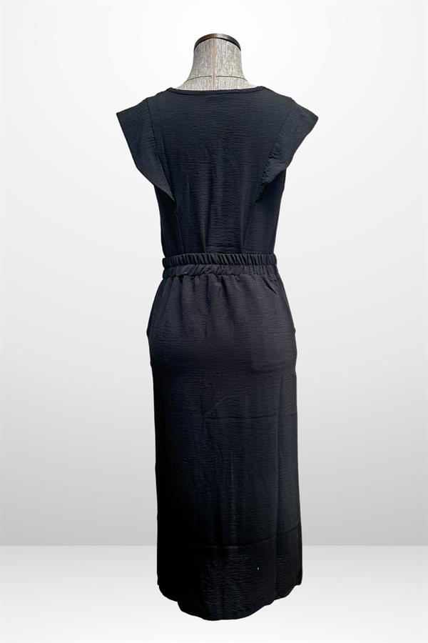 Women's V-Neck Blouse with Elastic Waist, Pockets, and Front Slit Skirt - 2-Piece Set