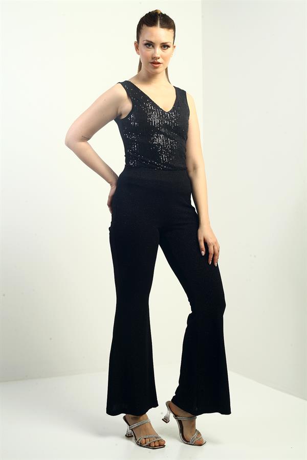 Beli Lastikli Astarlı En Boy Likralı Bol Paça Geniş Beden Aralıklı Simli Pantolon