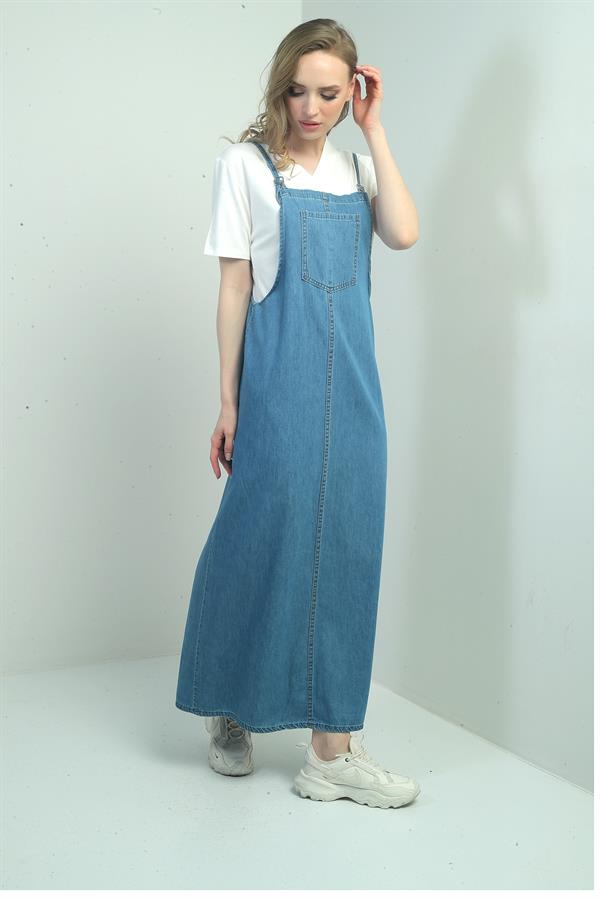 Gilet long en jean à fines bretelles pour femme avec poches avant Gilet long en jean à fines bretelles pour femme avec poches avant