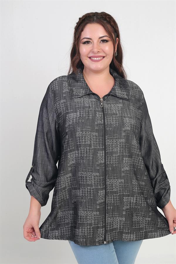Kadın Kol Katlamalı Önü Fermuarlı Büyük Beden Ceket