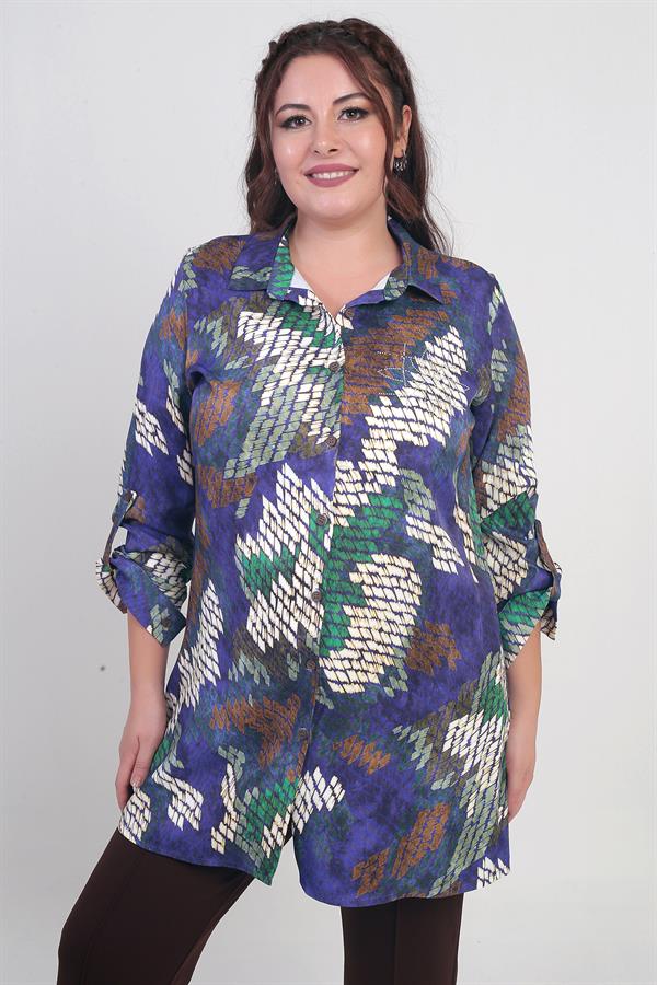 Kadın Batik Desenli Büyük Beden Krep Saten Uzun Gömlek