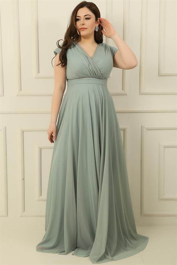 Wrap Neck, Lined, Nail Sleeve, Full Circle, Flared Chiffon Tulle Plus Size Long Dress