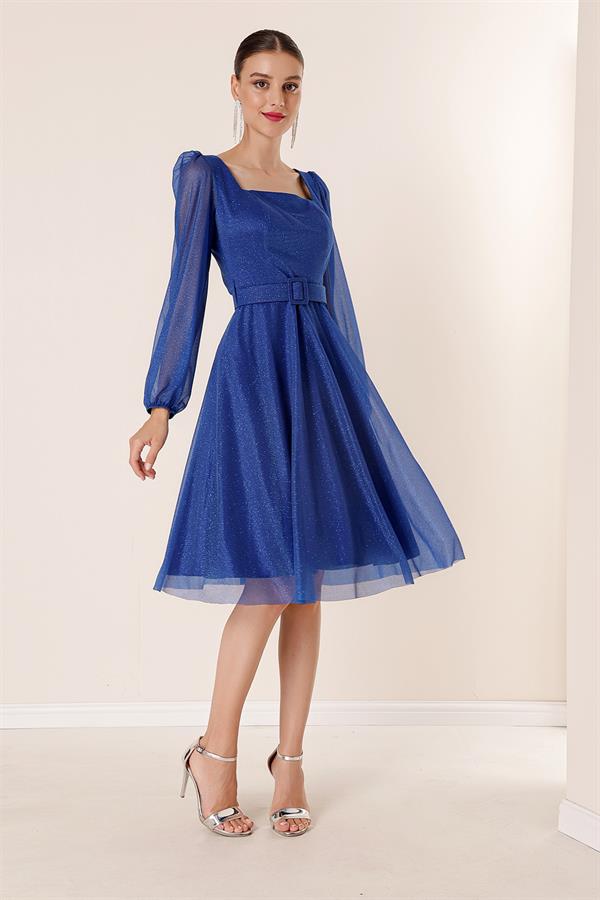 Square Neck, Belted, Balloon Sleeve, Lined, Glittery Dress