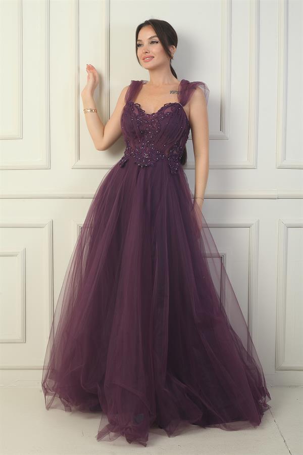 Robe de soirée princesse pour femme, décolleté en V devant et dos, manches tombantes doublées et broderie appliquée sur le haut