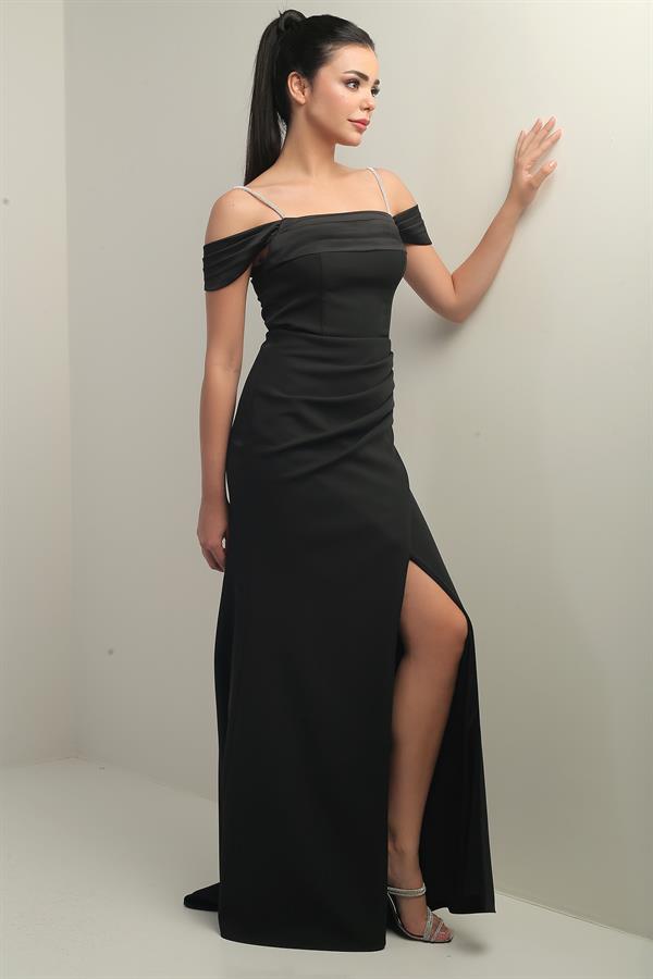 Women's Embellished Thin Strap, Dropped Sleeve Satin Madonna Neckline Lined Draped Double Fishtail Dress