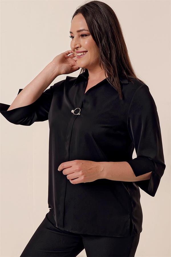 Polo Collar Quarter Sleeve Plus Size Blouse