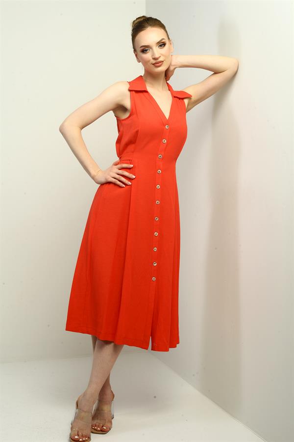 Kadın Polo Yaka Ön Pile Düğme Detaylı Midi Keten Elbise