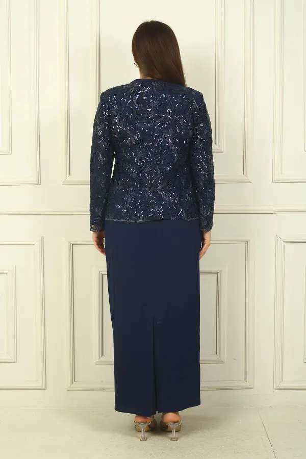 Ensemble 2 pièces pour femme, comprenant une veste en tulle ornée de sequins et de perles, une robe longue à manches demi-lune en crêpe doublée et un pantalon grande taille.