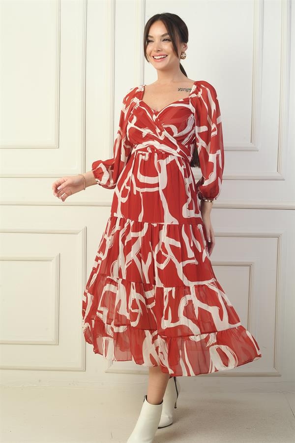 Robe portefeuille en mousseline à encolure Madonna, doublée, à nœuds croisés et motif abstrait