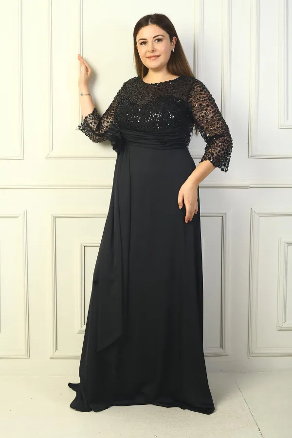 Kadın Çiçekli Altı Saten Üstü Gritel Astarlı Büyük Beden Uzun Elbise