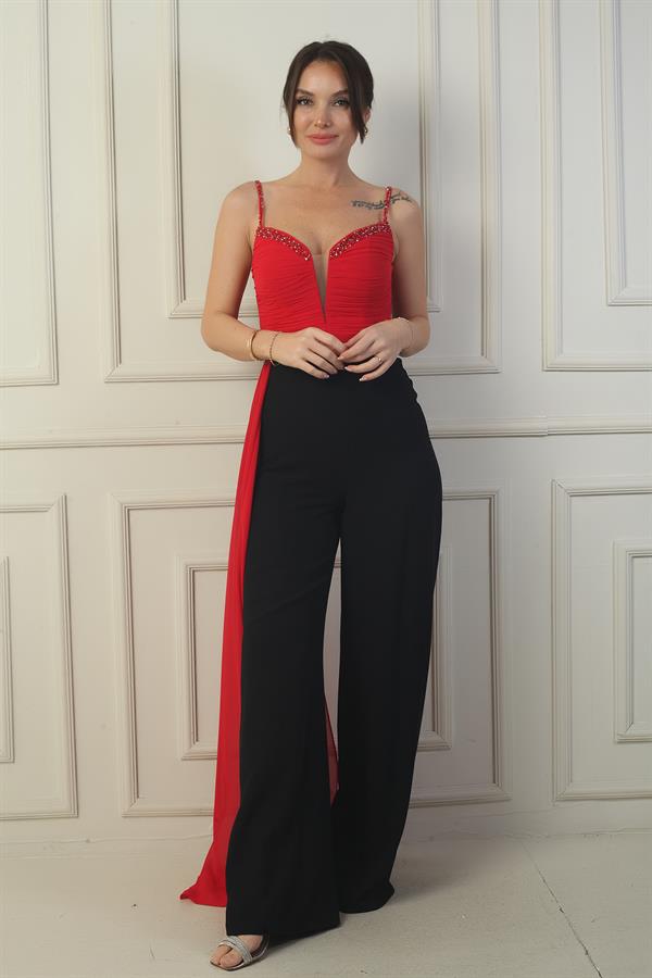 Women's Strappy Jumpsuit with Beaded Details and Chiffon Crepe Top
