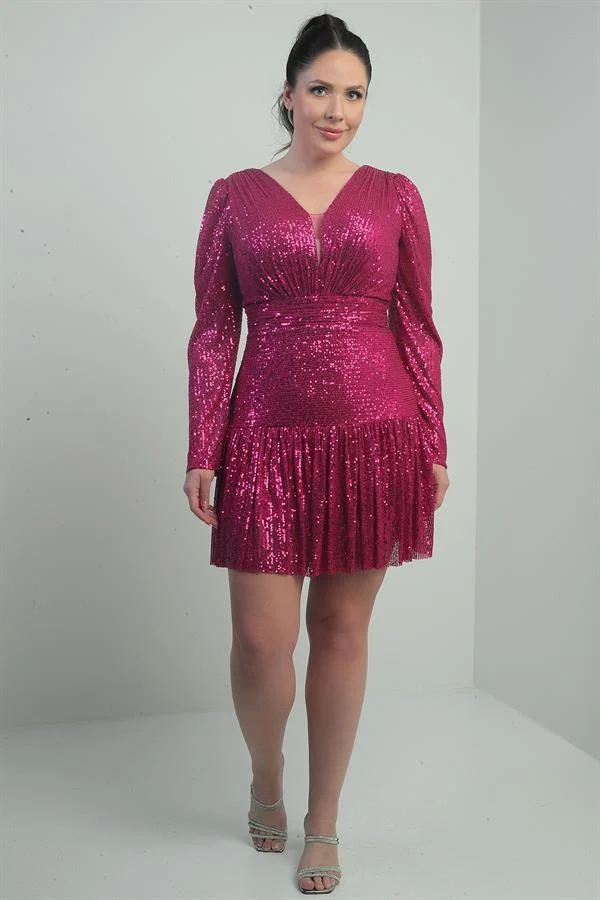 Robe à sequins grande taille pour femme, décolleté en V devant et dos, doublée, manches longues drapées, ornée de sequins.