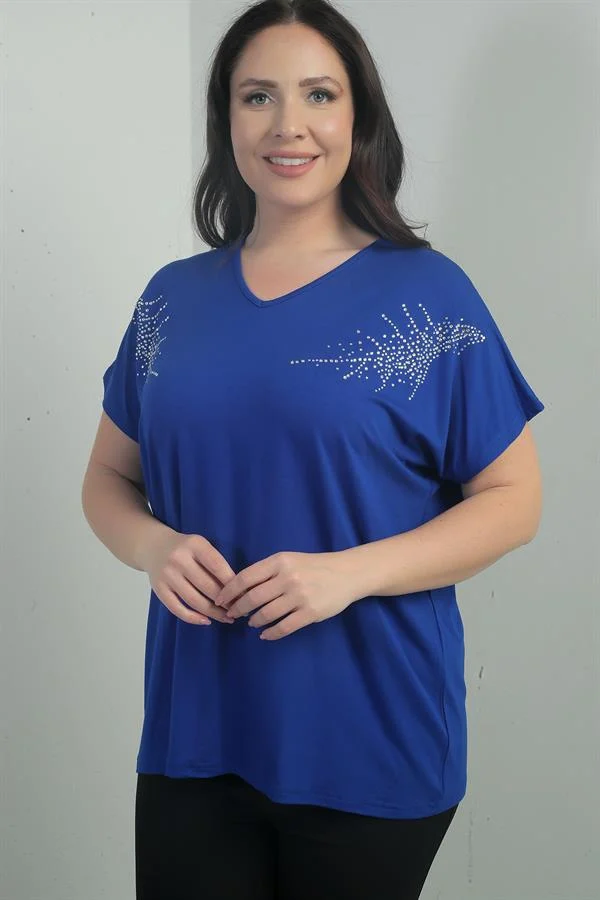 Women's Shoulder Stone Print V-Neck Batwing Sleeve BB Blouse