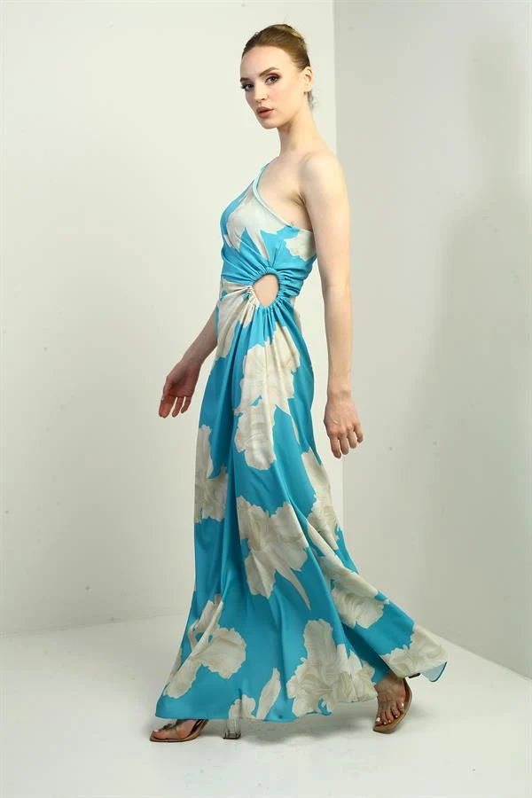 Kadın Tek Omuz Yandan Pencereli Büyük Yaprak Desenli Uzun Krep Saten Elbise