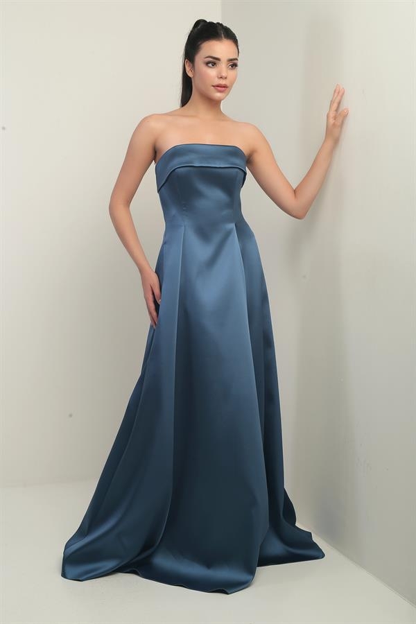 Women's Strapless Lined Long Satin Evening Dress with Pockets