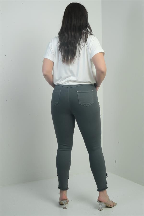 Kadın Dar Paça Taş Ve Püskül Detaylı Likralı Büyük Beden Kanvas Pantolon