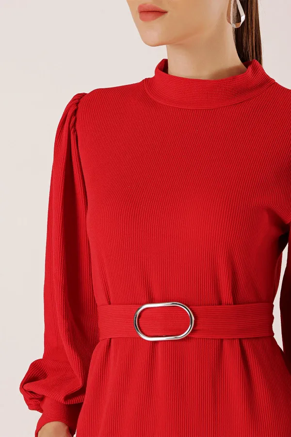 Beli Kemerli Omuz Büzgülü Elbise