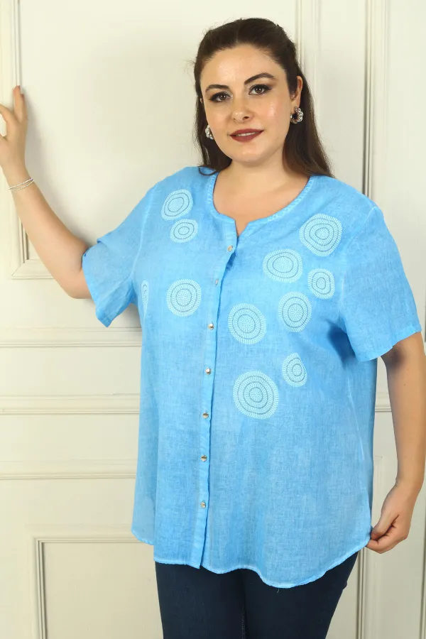 Daire Desenli Metal Düğmeli Yıkamalı Kısa Kol Büyük Beden Gömlek