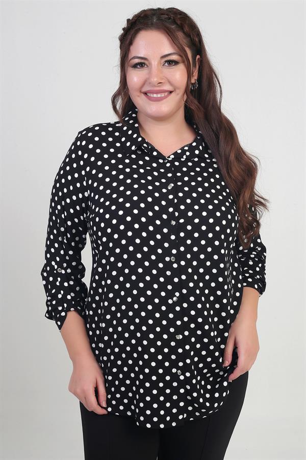 Kadın Kol Katlamalı Puantiyeli Büyük Beden Gömlek