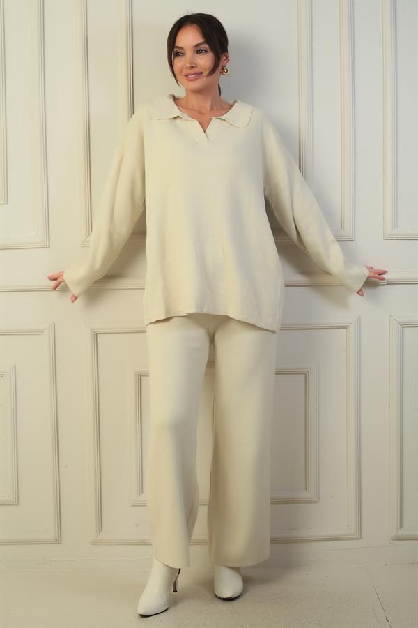 Pull à col polo, pantalon palazzo à taille élastiquée, ensemble 2 pièces en maille