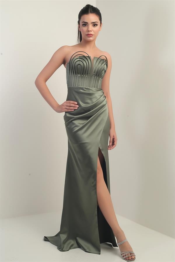 Women's Strapless Front Underwire Lined Satin Long Dress