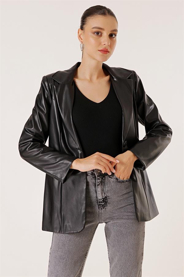 Tek Düğmeli Sahte Cepli Astarlı Deri Ceket