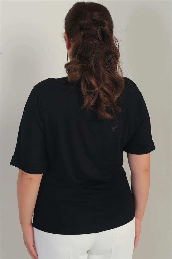 Chemisier en lycra à col en V et manches courtes chauve-souris pour femme, motif papillon détaillé en pierre, grande taille