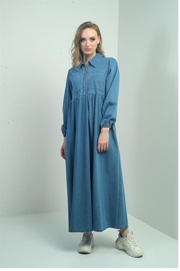 Kadın Önü Yarım Fermuarlı Önü Ve Yanı Cepli Uzun Kot Elbise