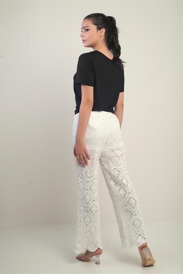 Women's Elastic Waist, Half-Lined, Wide-Leg, Embroidered Trousers