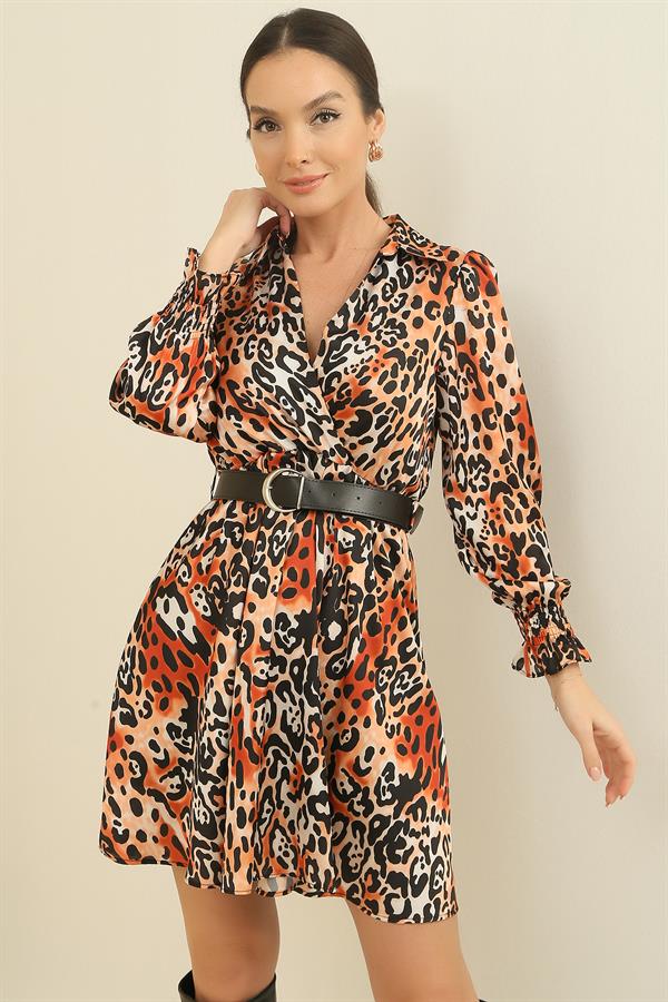 Wrap-around polo shirt, belted waist, lined, leopard print satin dress.