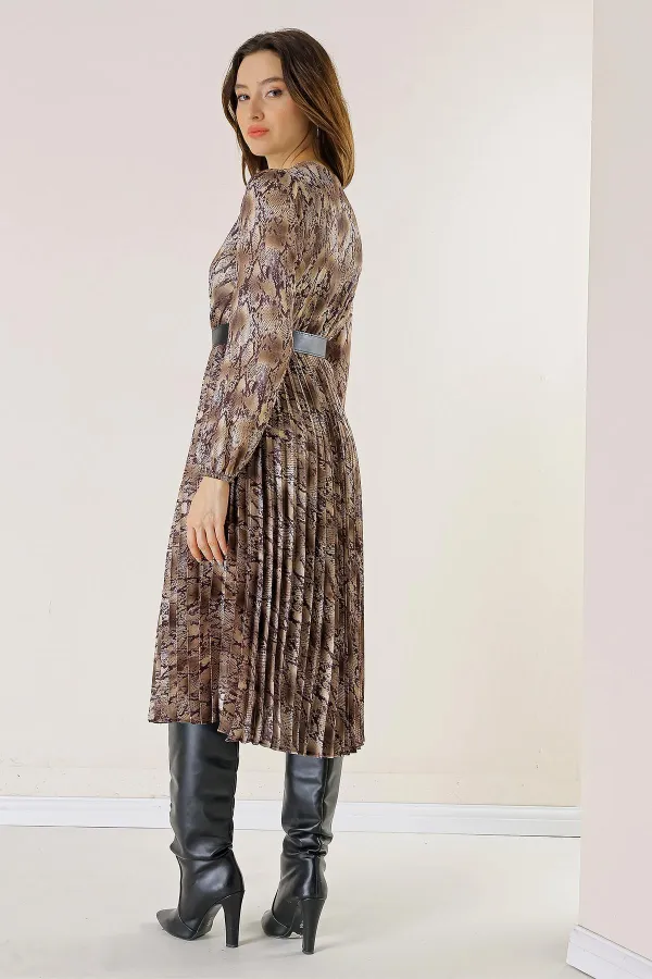 Double-Breasted, Belted, Lined, Snake Patterned Pleated Satin Dress