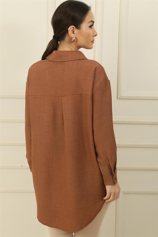 İnci-Taş Detaylı Keten Efekt Gömlek