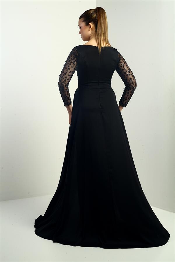 Robe de soirée longue en crêpe satin pour femme, col carré, doublée, manches perlées, corps large